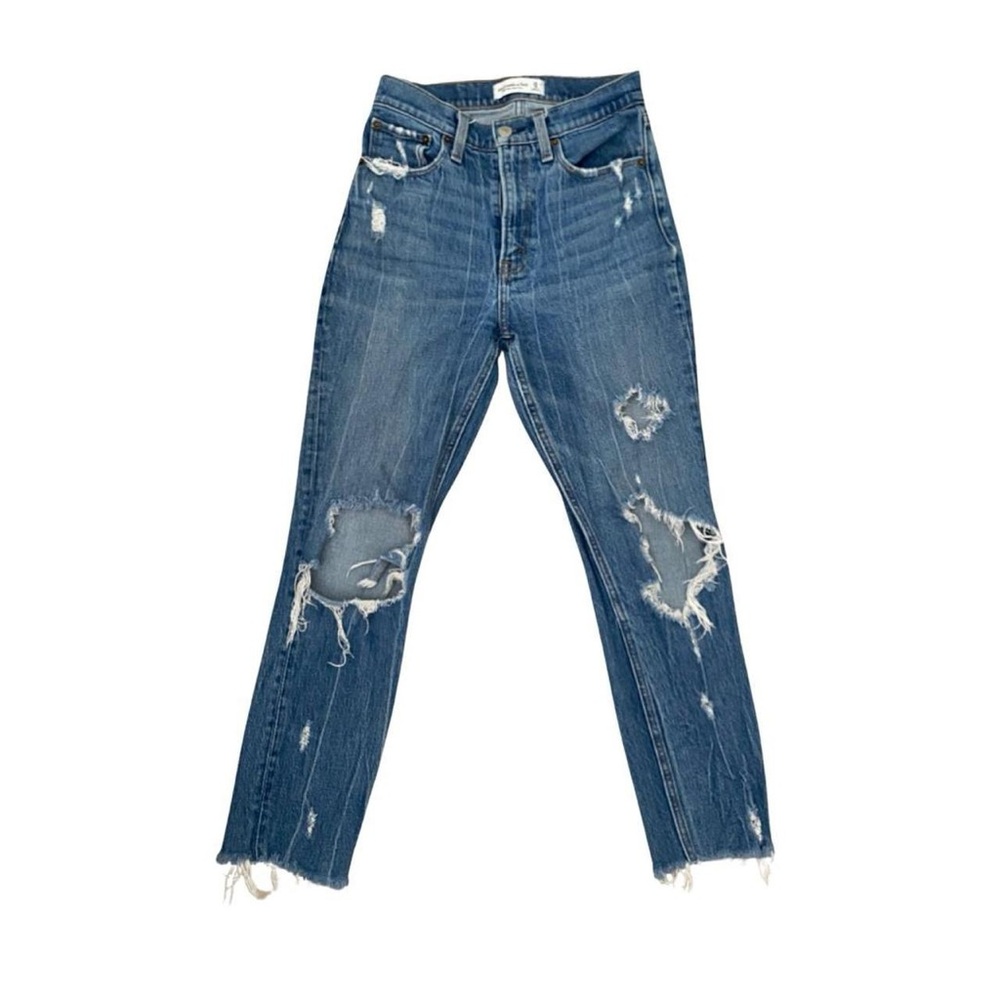 Abercrombie & Fitch Blue Straight Leg Jeans with Distressed Details